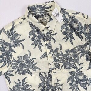 American Eagle Mens Floral Button Up Shirt White Navy Blue Tropical Short Sl M